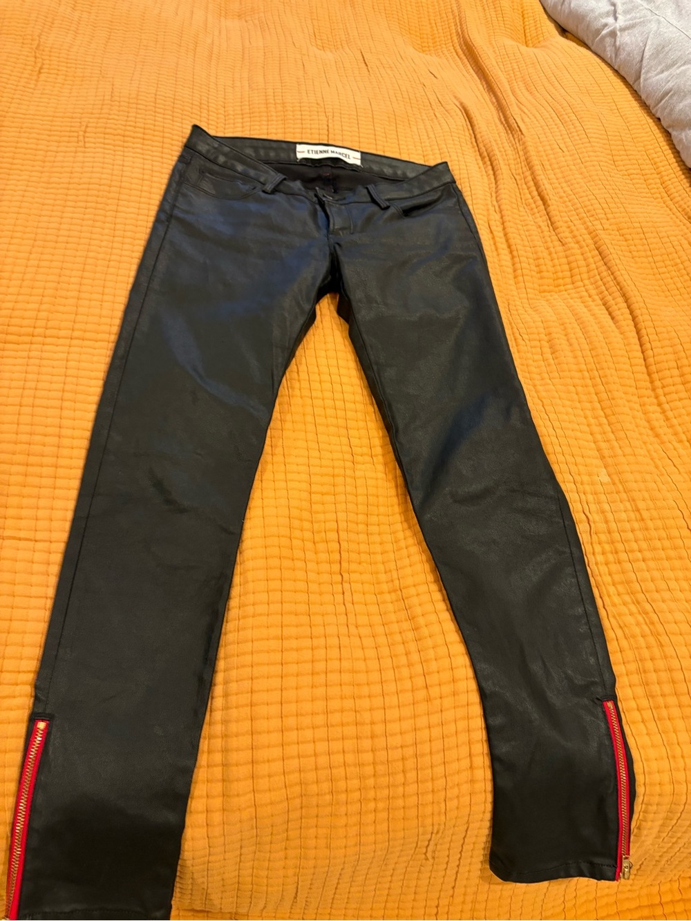 Etienne Aigner Black Faux Leather Skinny Pants with Red Hem Zippers